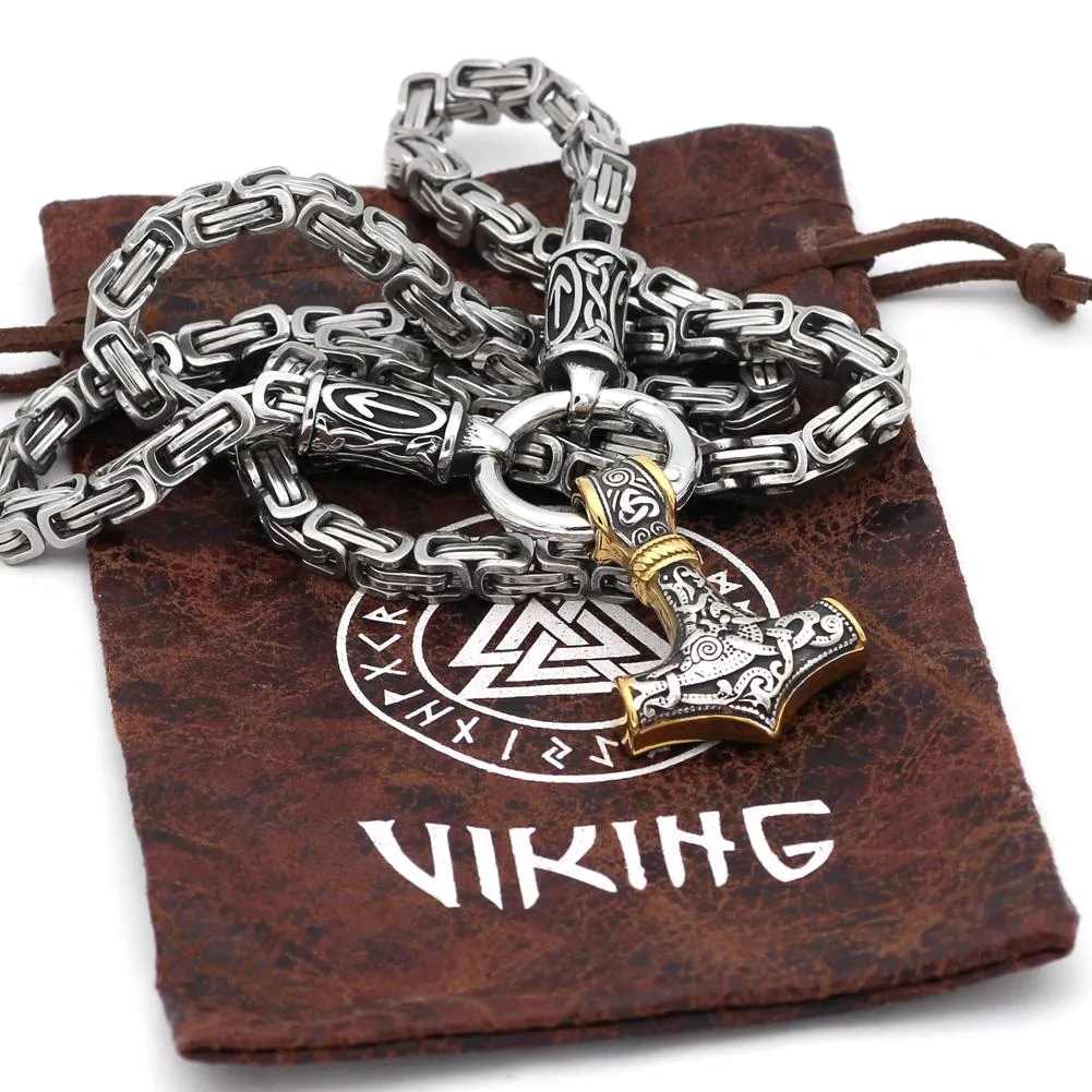 Rune King Chain With Gold Trimmed Mjolnir Pendant