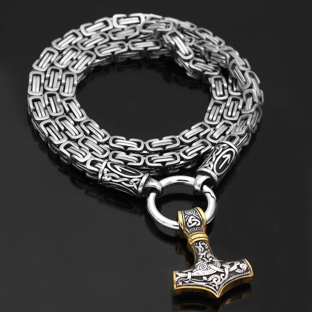 Rune King Chain With Gold Trimmed Mjolnir Pendant