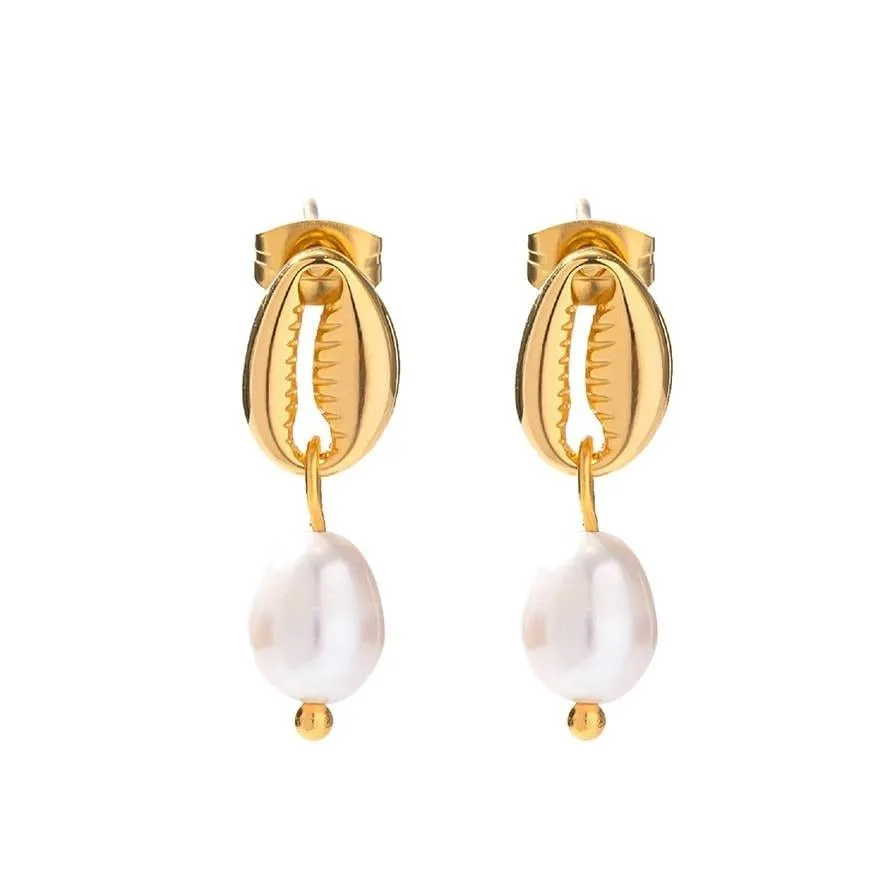 Seashell Drop Earrings With Large Synthetic Pearl