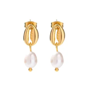 Seashell Drop Earrings With Large Synthetic Pearl