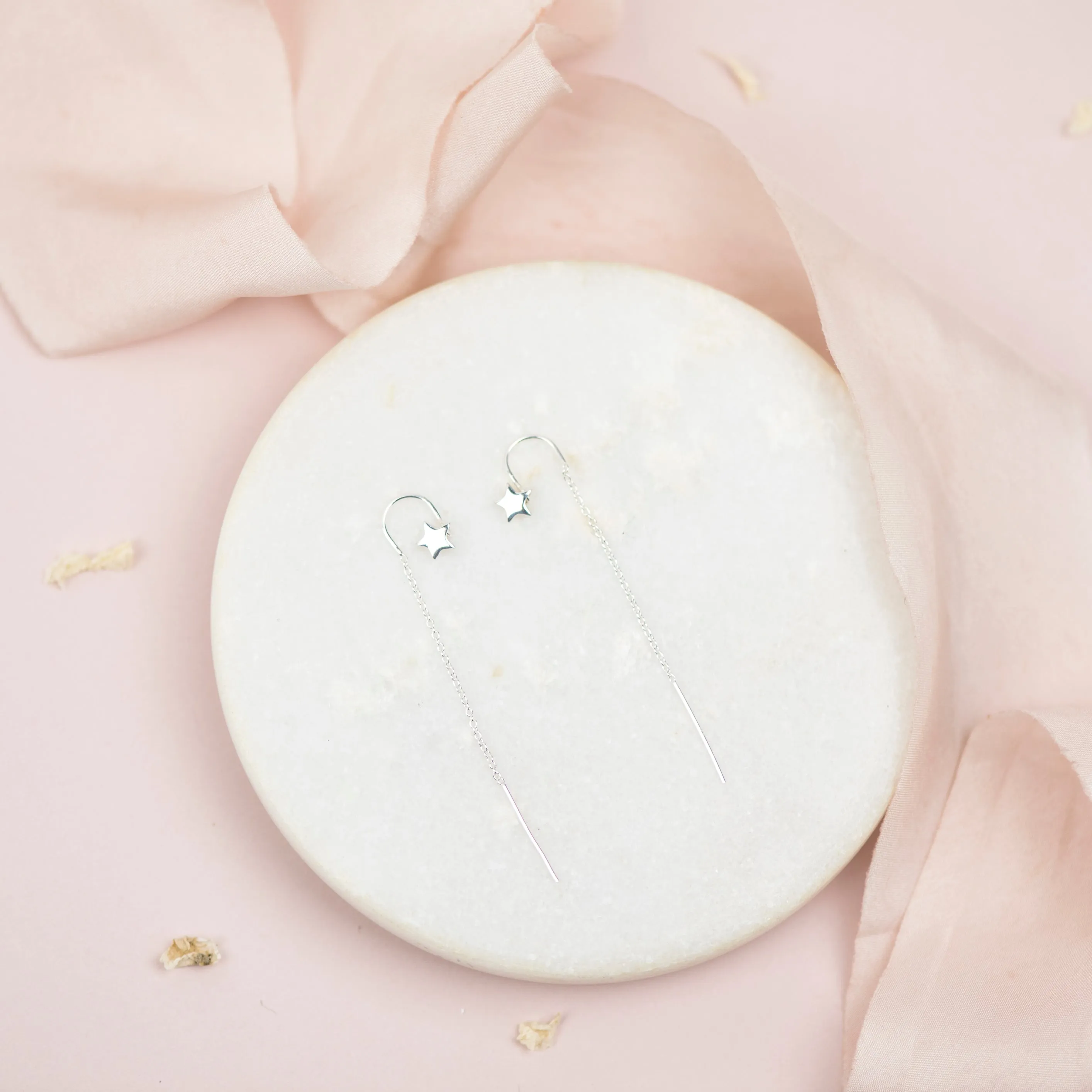 Short Star Threader Earrings in Sterling Silver