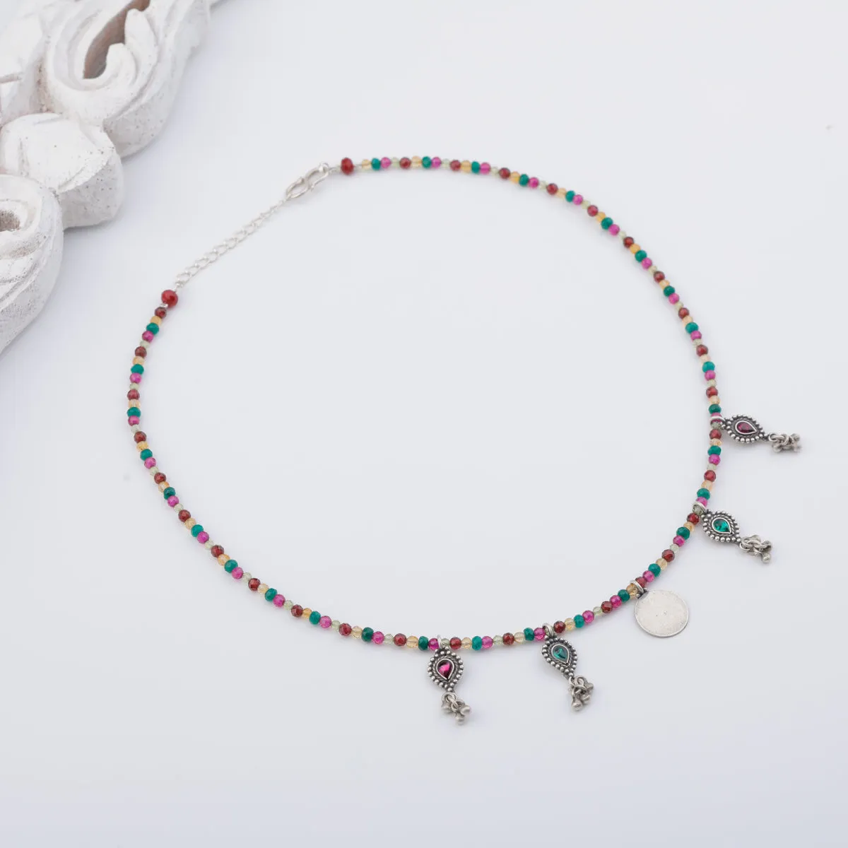 Silver 5 Charm Necklace with Multicolor Stones (Kempu Motifs)