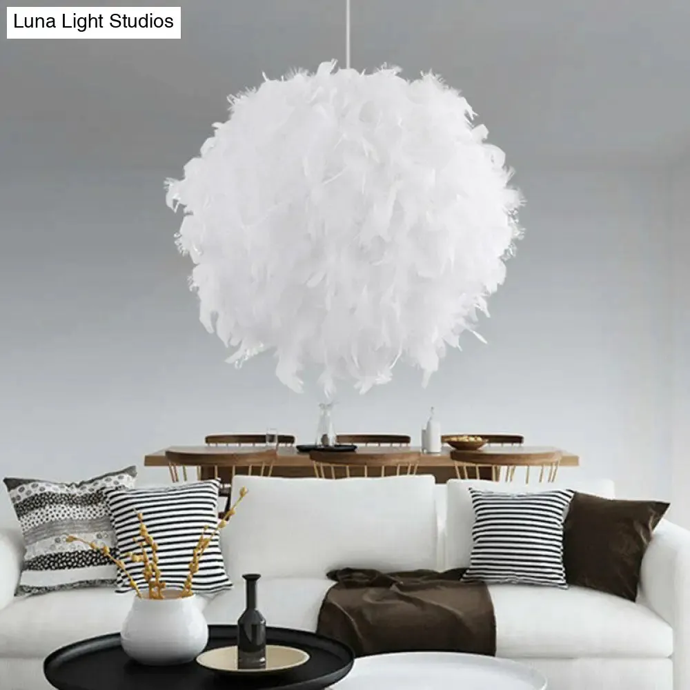 Simple Feather Hanging Light Fixture for Bedroom - White Globe Pendulum Light with 1 Head