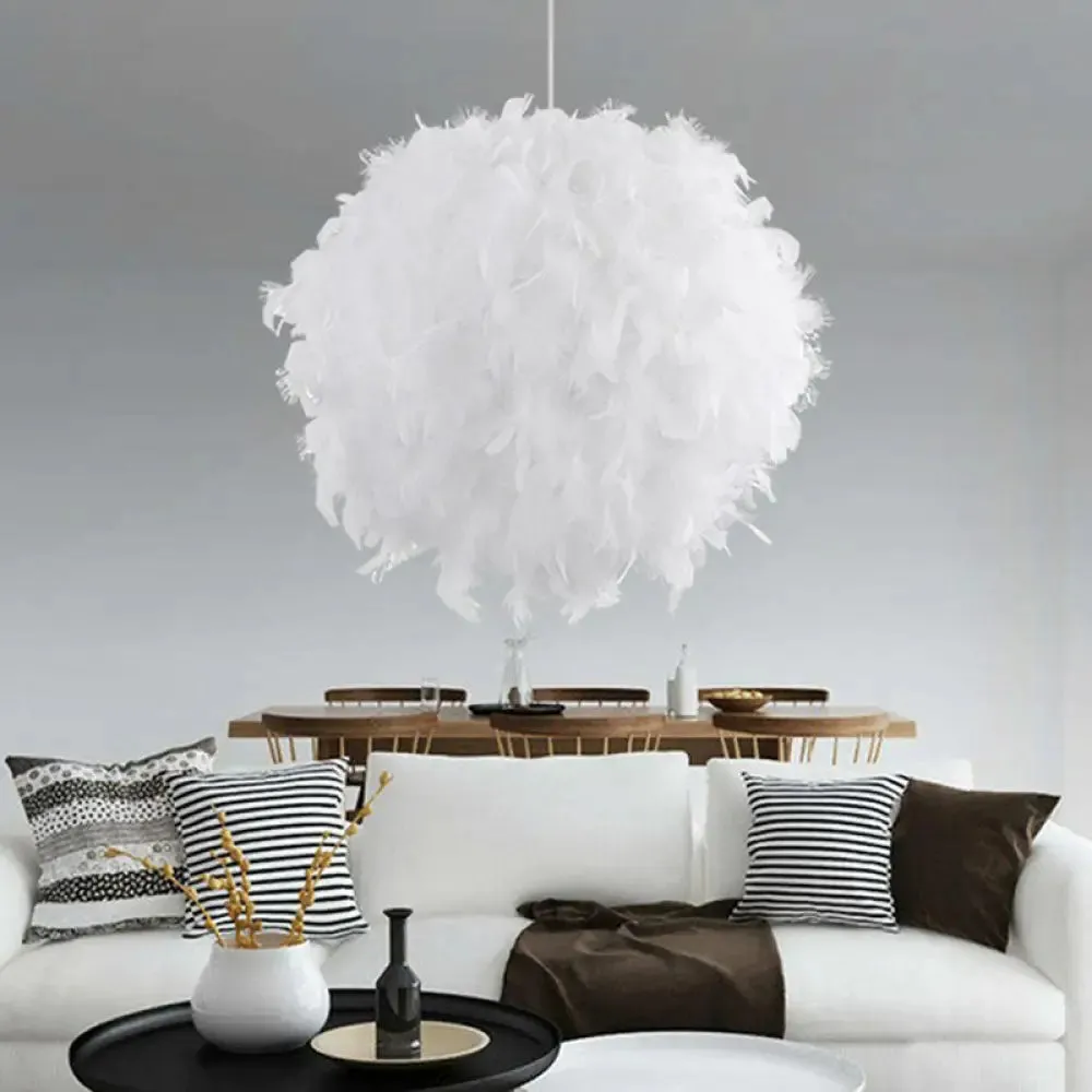 Simple Feather Hanging Light Fixture for Bedroom - White Globe Pendulum Light with 1 Head