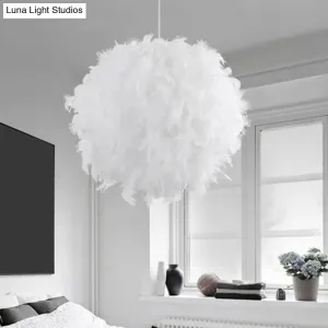 Simple Feather Hanging Light Fixture for Bedroom - White Globe Pendulum Light with 1 Head