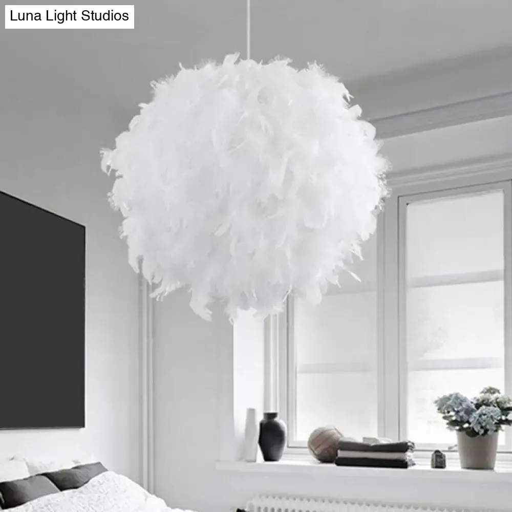 Simple Feather Hanging Light Fixture for Bedroom - White Globe Pendulum Light with 1 Head