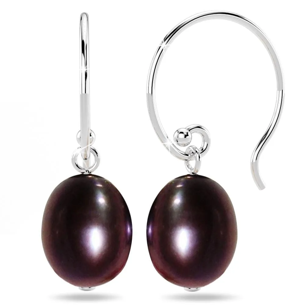 Solid 925 Sterling Silver Freshwater Pearl Drop Earrings Black