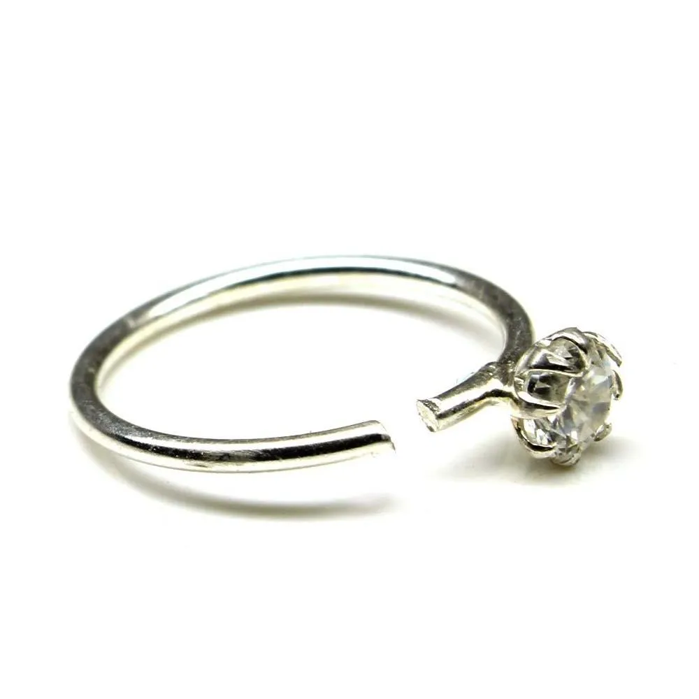 Sterling Silver Nath (Nose Rings) Wire with Single White stone