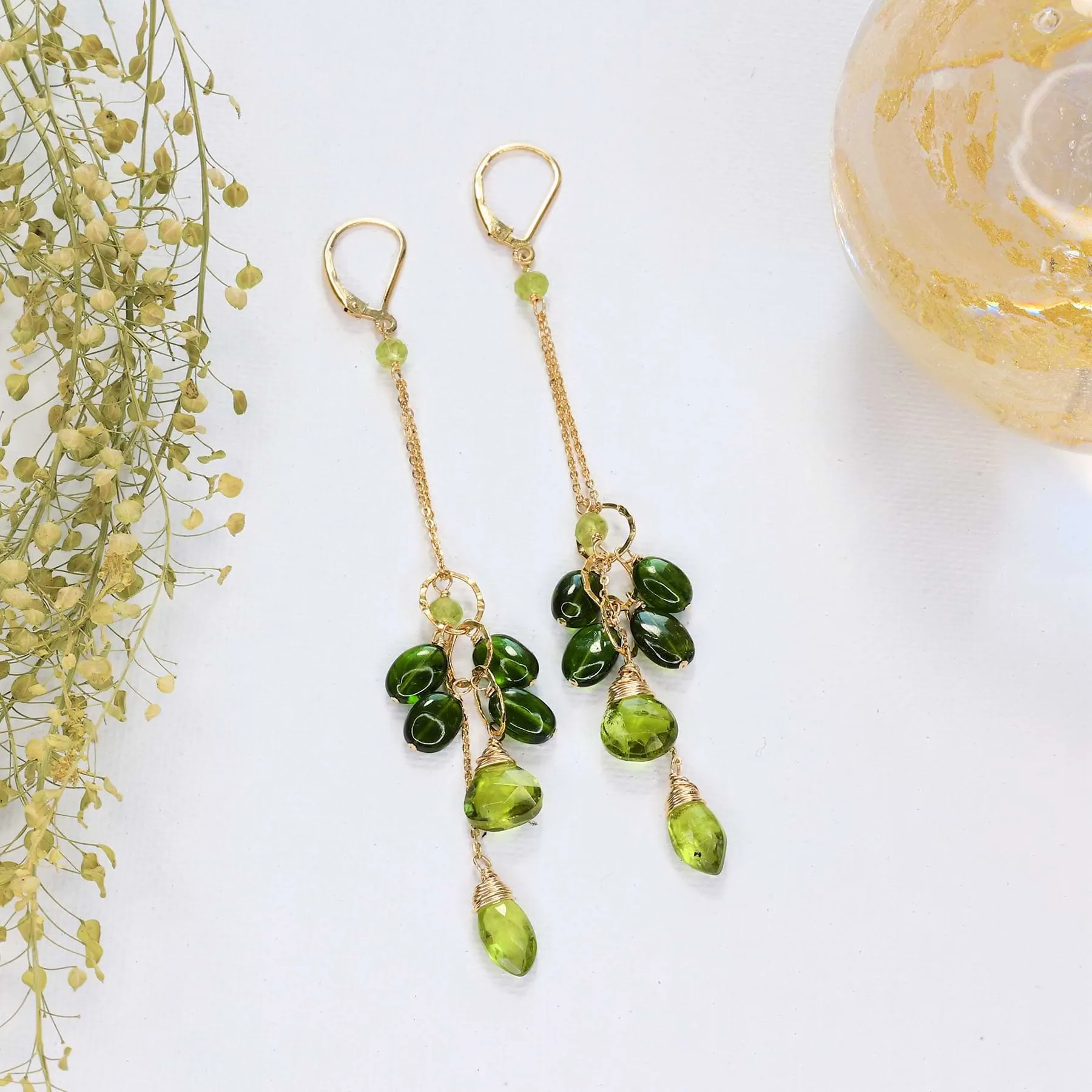 Tropical Jungle - Chrome Diopside and Peridot Gold Drop Earrings