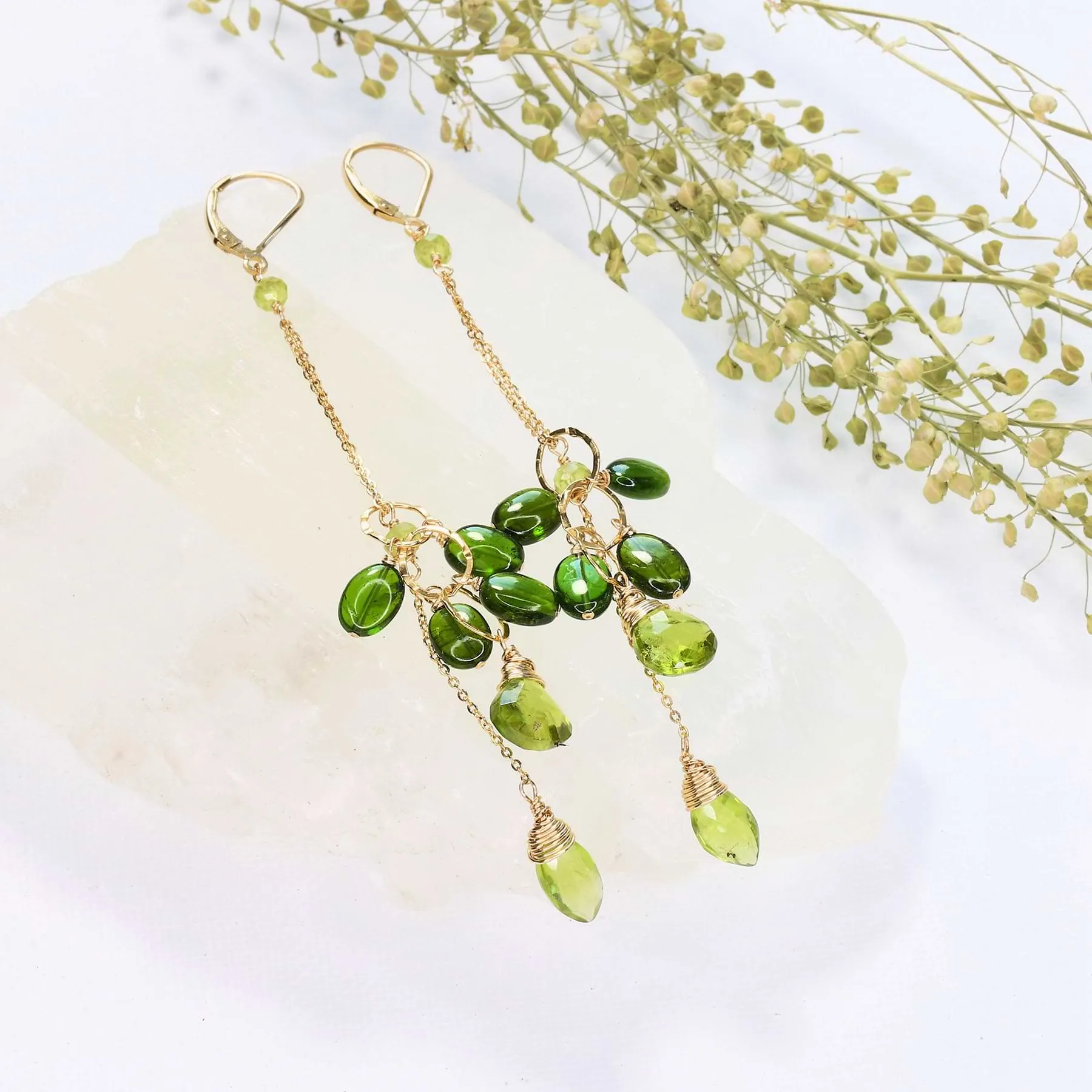 Tropical Jungle - Chrome Diopside and Peridot Gold Drop Earrings