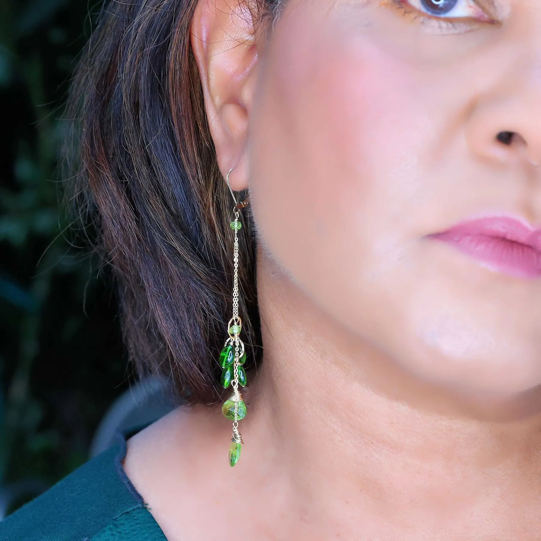 Tropical Jungle - Chrome Diopside and Peridot Gold Drop Earrings