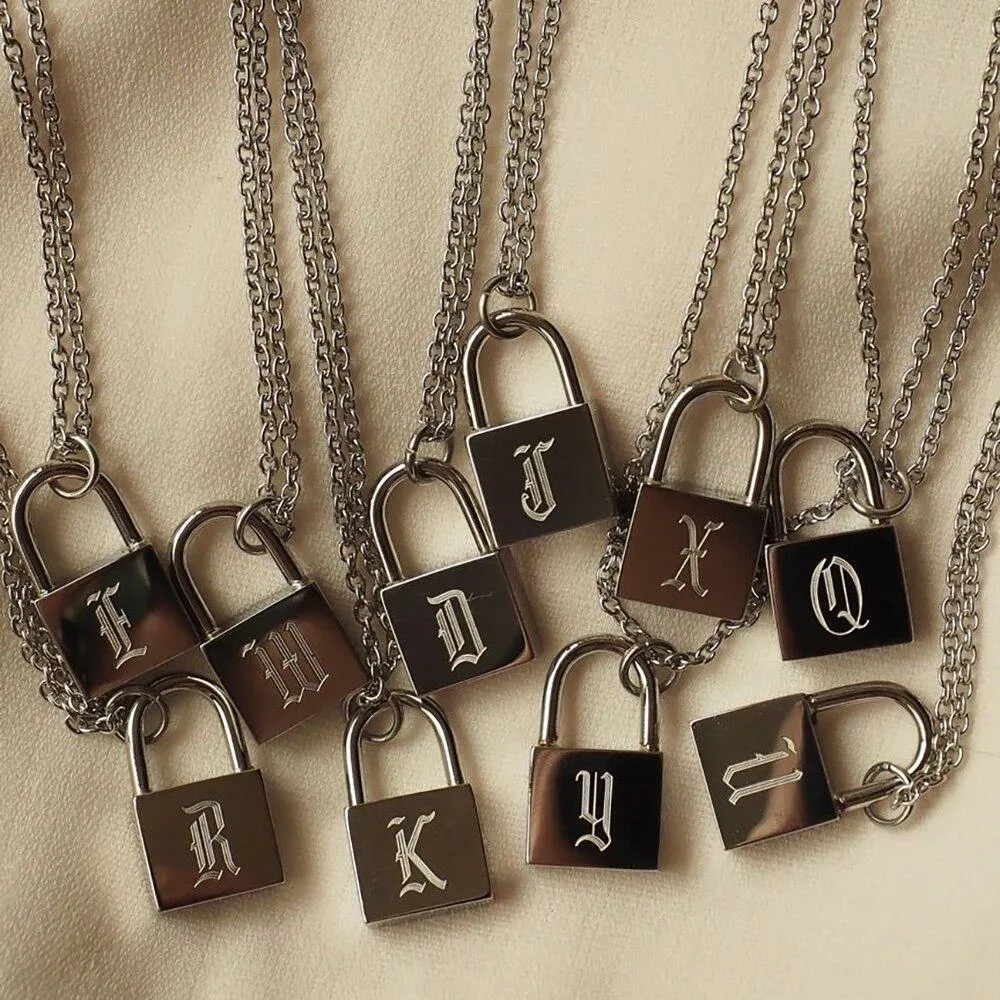 Unisex Engraved Letters Lock Pendant Chain