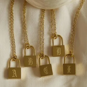 Unisex Engraved Letters Lock Pendant Chain