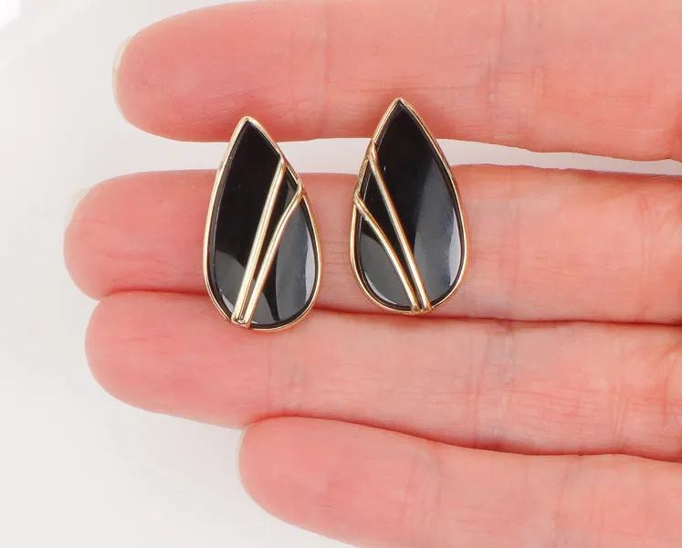 Vintage 14k Yellow Gold Black Onyx Teardrop Shaped Stud Earrings with Post Backs