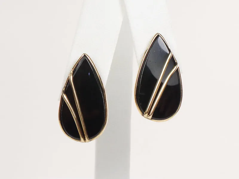 Vintage 14k Yellow Gold Black Onyx Teardrop Shaped Stud Earrings with Post Backs