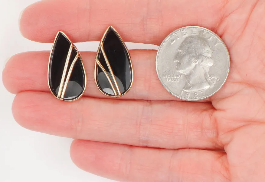 Vintage 14k Yellow Gold Black Onyx Teardrop Shaped Stud Earrings with Post Backs
