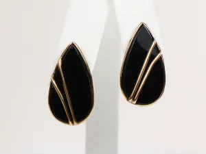 Vintage 14k Yellow Gold Black Onyx Teardrop Shaped Stud Earrings with Post Backs