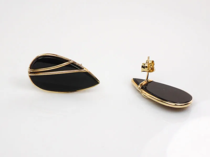 Vintage 14k Yellow Gold Black Onyx Teardrop Shaped Stud Earrings with Post Backs