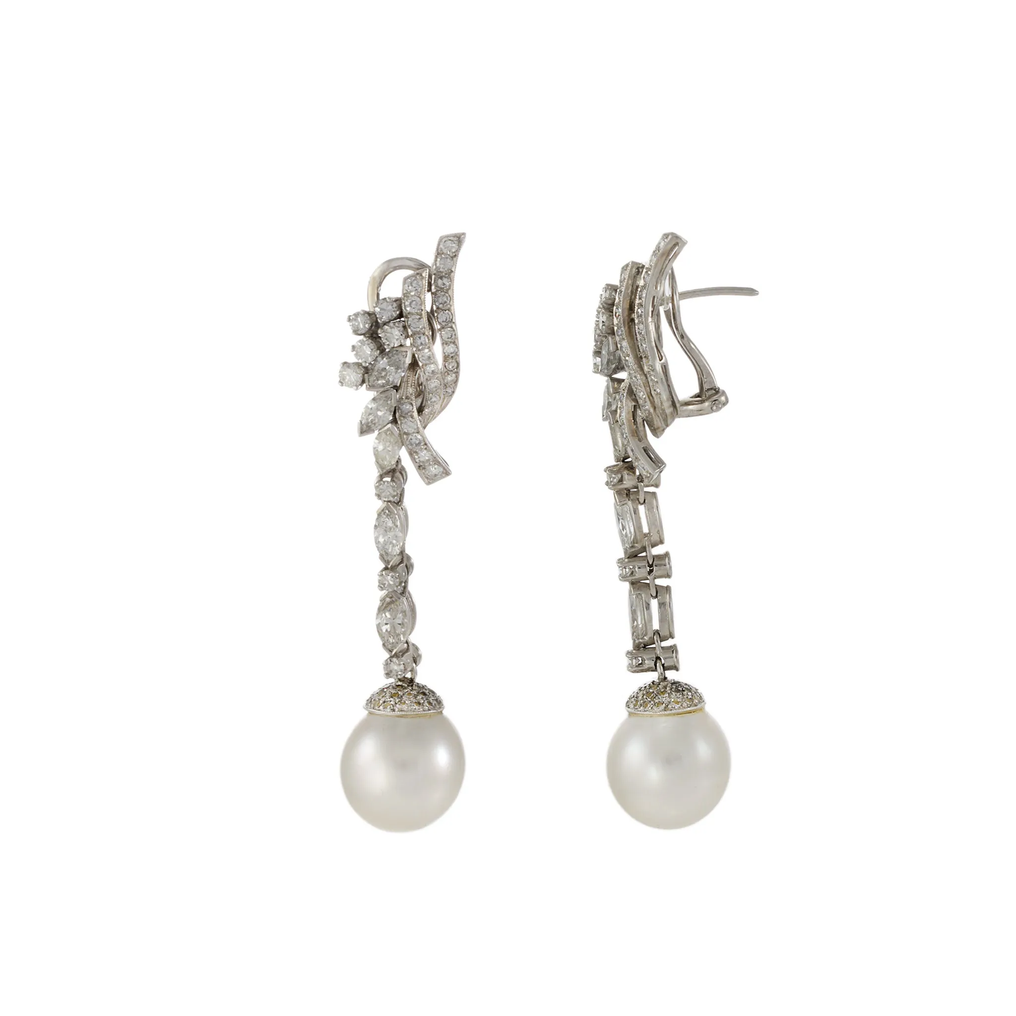 Vintage 14KT White Gold Diamond And South Sea Pearl Earrings