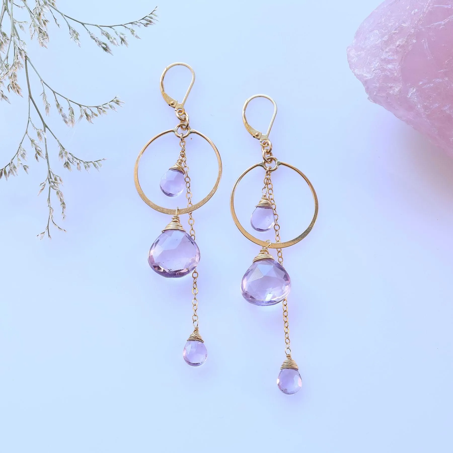 Violette - Pink Amethyst Gold Drop Earrings