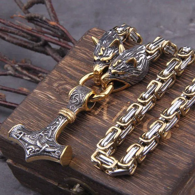 Wolf's Head Thor's Hammer Mjolnir Viking Necklace | Gold & Steel Chain