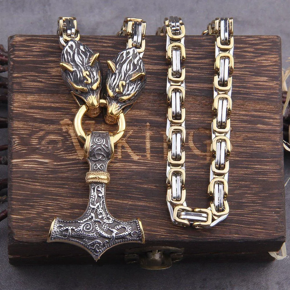 Wolf's Head Thor's Hammer Mjolnir Viking Necklace | Gold & Steel Chain