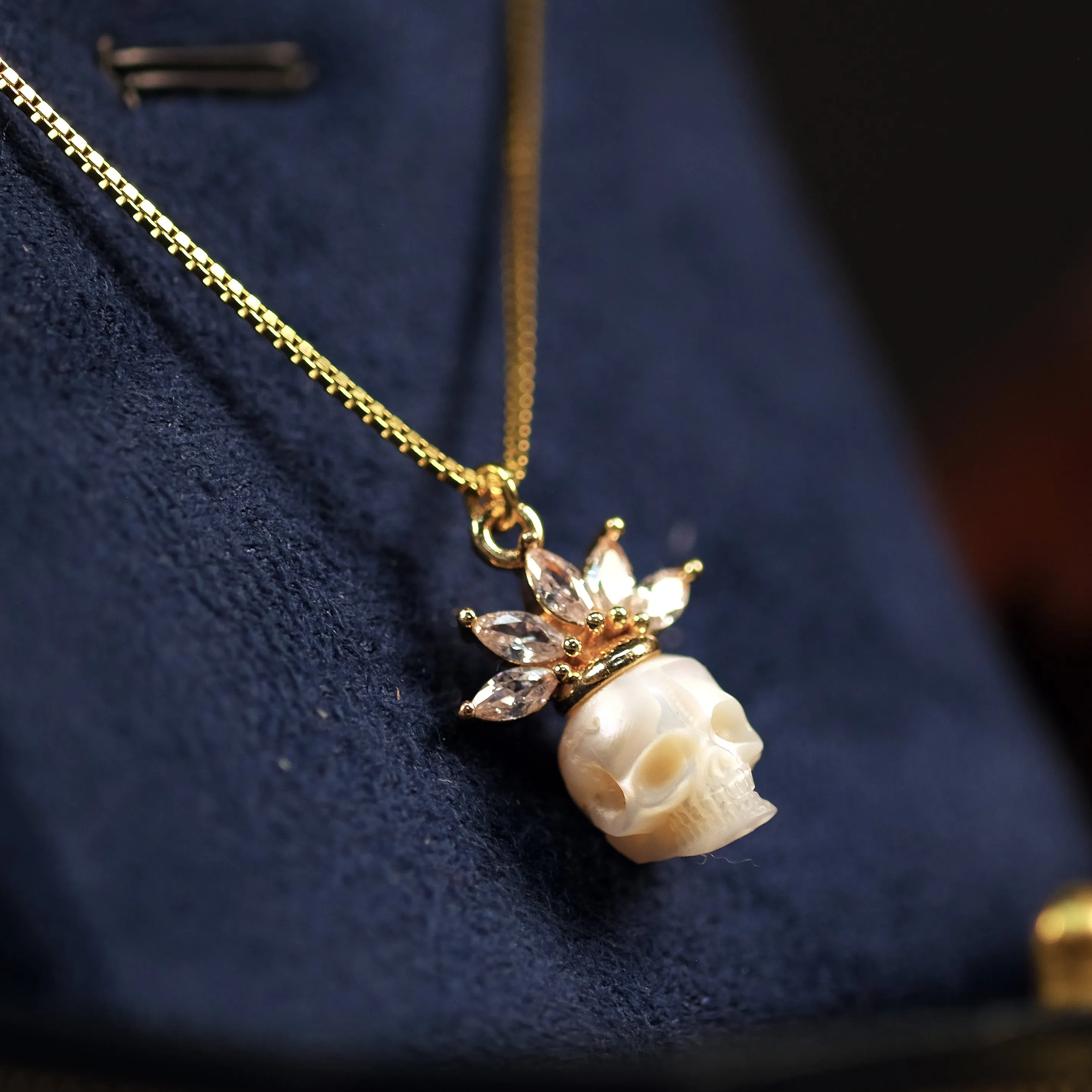 Zircon Crowned Pearl Skull Necklaces